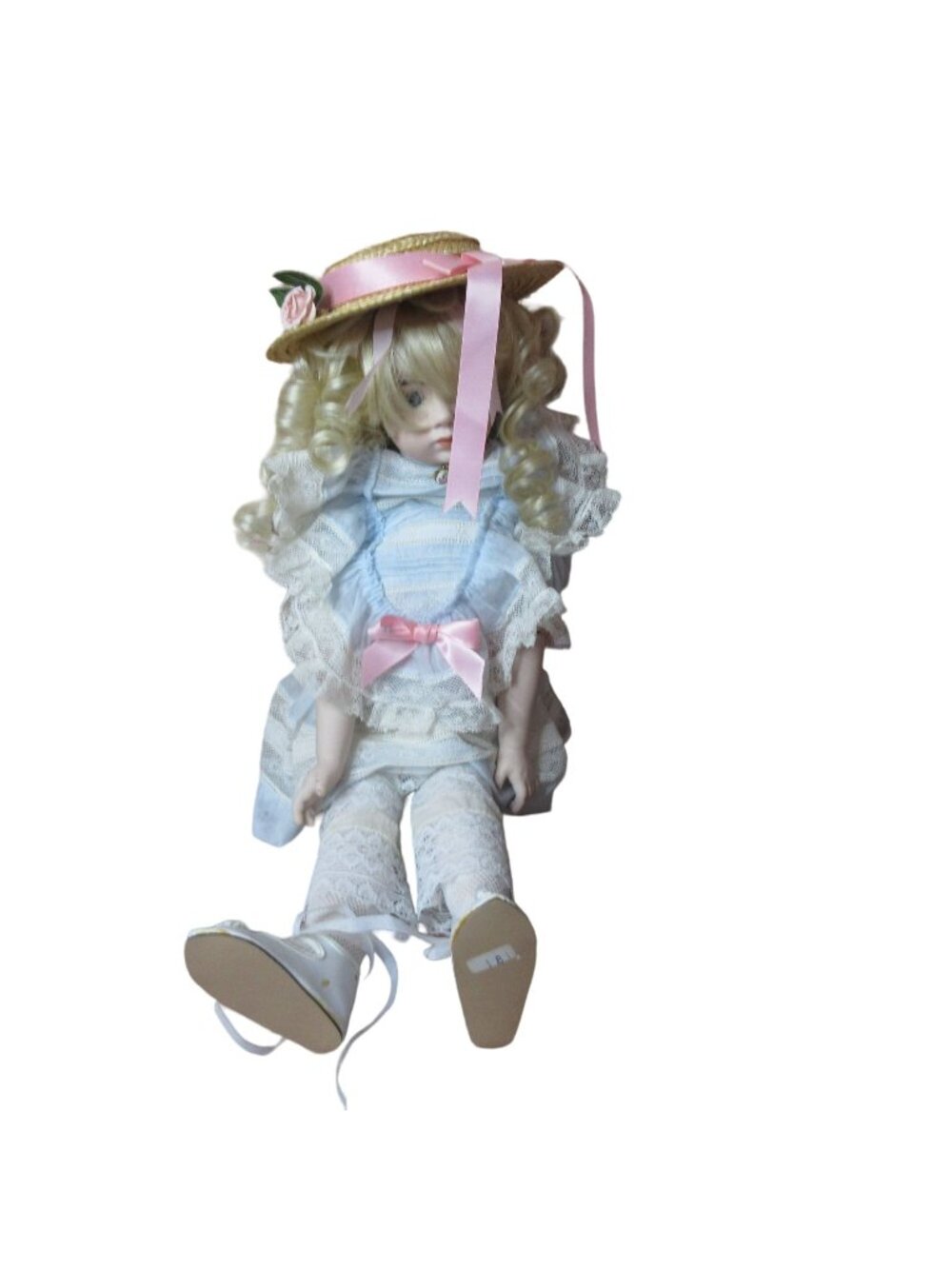 Vintage Fully Porcelain 20" Doll in dress and bonnet